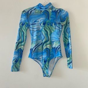 Women’s Blue Marble Turtleneck Bodysuit